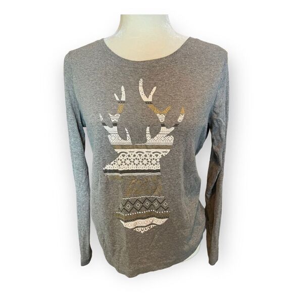 North Crest Women’s Gray Deer Print Long Sleeve Top Size Small - Picture 1 of 4